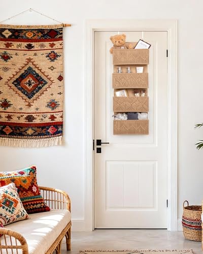 ANTIS'S HOME Nursery Over The Door Organizer Boho Decor Nursery Storage with 4 Large Woven Pockets, Macrame Nursery Organizers and Toys Storage, Behind Door for Bathroom, Bedroom, Brown - size: Brown-4 Pockets