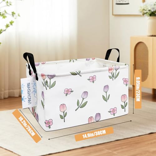 LANGYASHAN Rectangular Storage Bin Collapse Canvas Fabric Cartoon Storage Basket with Handles for Organizing Home Kitchen Boys and Girls Toys Office Closet Shelf Baskets (Rec Romantic Tulip) - color: Rec Romantic Tulip