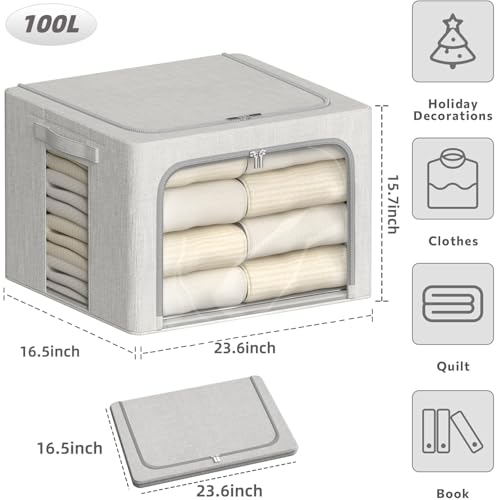 4 Pack Clothes Storage Bins with Metal Frame - 100L Stackable Storage Box with Lid，Foldable Storage Container Organizer for Clothes，Linen Fabric Storage Box with Clear Window＆Zippers＆Handles - color: Light Grey, size: 100L