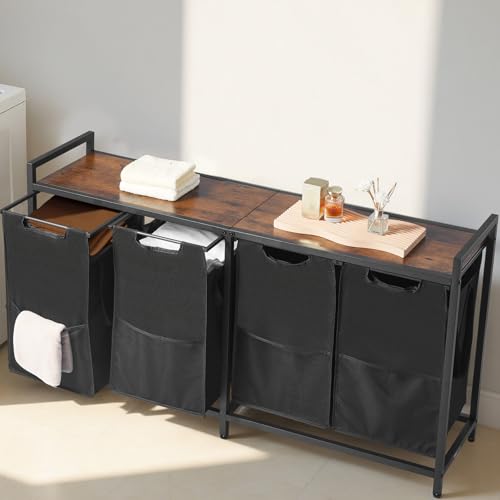 VEVOR 4 Section Laundry Sorter, Large Laundry Hamper with Metal Frame and Wooden Tabletop, Freestanding Storage Organizer Baskets with Pull-Out 600D Oxford Cloth Bags for Dirty Clothes, Bathroom - style: 4 Section