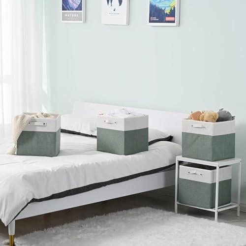FinishingBo 13 x 13 Inch Fine Linen Storage Bins with Handles，Fabric Cube Boxs，Basket Organizers for Shelves for Home, Closet Drawers (White/Green-6 Pack) - color: White/Green-6 Pack