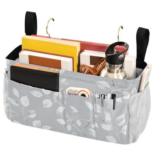 Bedside Caddy Metal Frame Hanging Organizer Bunk Bed Dorm Accessories Hook And Loop Storage Bag Large Pockets Elegant Grey Leaves - color: Elegant Grey Leaves