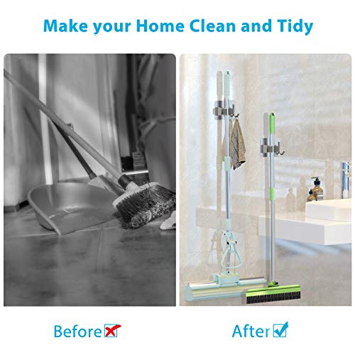 homeasy Mop Broom Holder No Drill, Mop Broom Organizer Wall Mounted Heavy Duty with Hooks Hanger, Self Adhesive Stainless Steel 4Pcs for Bathroom, Kitchen, Office (Silver) - color: Silver