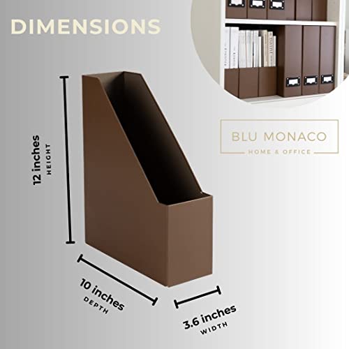 BLU MONACO | Cardboard Magazine File Holder Set of 6 | Vertical Magazine File Holder with Leather Label Slots | Standing File Holder and Cardboard Bins for Shelves Desk Office - color: Brown