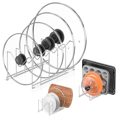 HzTinT 3 Pack Pot Lid Organizer for Cabinet, Stainless Steel Pot Lid Rack with Anti-slip Pad, Lid Holder for Pans Pots, Bakeware, Plates, Cookie Sheets, Trays, Dish, Cutting Boards, Silver - color: Silver