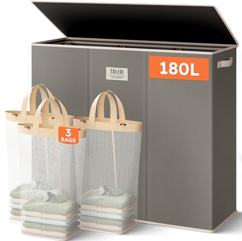 SOLEDI 180L 3-Section Laundry Hamper with Lid, Extra Large Dirty Clothes Basket with Sturdy Handles for Laundry Room & Bedroom - Durable Organizer for Sorting Laundry - color: Concrete Gray, size: 180L