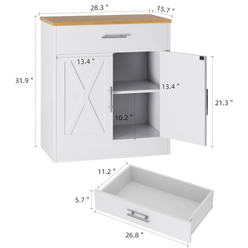 Shintenchi Farmhouse Storage Cabinets with Doors and Shelves,Kitchen Barn Door Storage Cabinet with Drawers,Coffee Bar Cabinet Buffest Sideboard for Dining Room,Bathroom,Entryway - color: New White, size: 28.3"L
