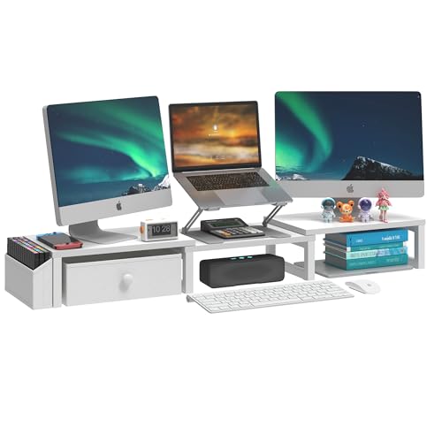 LAND·VOI Heavy Duty Dual Monitor Stand, Holds 2 Screens Up to 27 Inches, Adjustable Length and Angle Monitor Riser, Desk Organizer with Side Pockets and Drawers, Home Office Desk Storage, White - color: White, size: Separate-Type