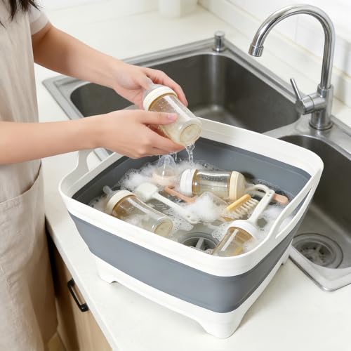 FOSJGO Reinforced Collapsible Dish Basin with Drain Plug, 2.4 Gal/9L Space-Saving Foldable Sink, Wash Basin for Kitchen, Camping, Baby Bottles, Vegetable Washing and Party Beverage Tubs - color: Gray