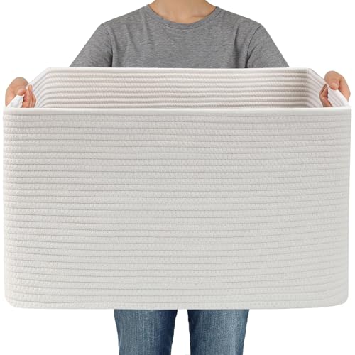 JMvicyroam Woven Blanket Basket,65L Large Storage Bin for Blankets Toys Clothes,Decorative Rope Basket for Living Room Bedroom with Handles, White - color: White, size: 65L