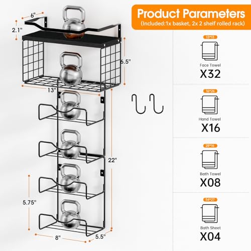 Towel Racks for Bathroom,Towel Rack Wall Mounted, 6 Tier Rolled Or Folded Towel Holder with Floating Shelves, Bathroom Towel Holder for Bath, Hand Towels,Metal and Wood,Full Black - color: Black Plank, size: J-type Black Rack
