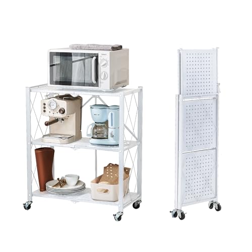 BRIAN & DANY 3-Tier Foldable Storage Shelves with Wheels, No Assembly Folding Shelf Metal Rack, Shelving Unit for Kitchen, Garage, White - color: White, size: 3-tier