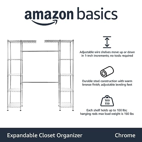 Amazon Basics Expandable Adjustable Metal Closet Organizer with Hanging Rod, Clothes Rack, Shelves, 57-80 x 14 x 72 inches (LxWxH), Chrome