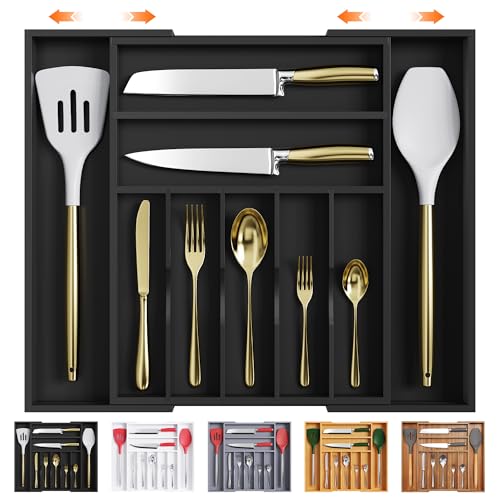 Bellsal Large Premium Bamboo Silverware Organizer - Expandable Utensil Drawer Organizer - 17"x19.6" Utensil Holder and Cutlery Tray with Grooved for Kitchen Flatware and Utensils(7-9 Slot, Black) - color: Black, size: 9 Slots Expandable