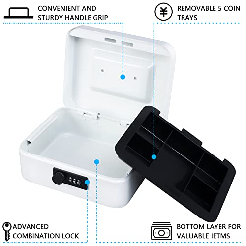 KYODOLED Cash Box with Combination Lock,Safe Metal Box for Money,Storage Lock Box with Money Tray,7.87"x 6.30"x 3.54" White Medium - color: White, size: Medium