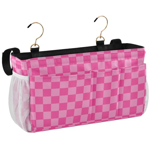 Pink Checkered Print Bedside Caddy Storage Bag Bedside Organizer for Bunk Bed Headboards College Organizer Caddy Hanging Shelf 6 Pockets with Hooks for Drinks Magazine Phone Holder - color: Checkerboard Pink