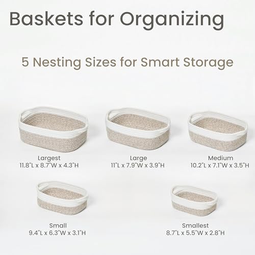 Storage Basket Set – 5-Piece Baskets for Organizing Home, Shelves, Nursery, Bathroom, Dog Toys, Small to Large Decorative Baskets – White and Mixed Brown - color: White and Mixed Brown, size: Pack of 5