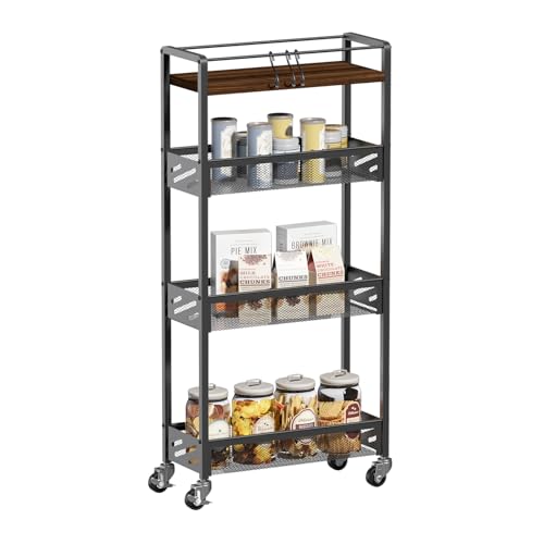 DGSNADGO Slim Rolling Storage Cart, 4-Tier Kitchen Cart on Wheels, Narrow Utility Cart with Handle and Wooden Tabletop for Small Space in Kitchen, Living Room, Bathroom, Rustic Brown and Black - color: Rustic Brown+black