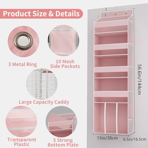 TAHAVICE 1 PC Pink Over the Door Organizer with 1 Large Capacity Caddy, 4 Shelf & 10 Mesh Side Pockets, Pink Stuff Hanging Storage and Girl Essentials Closet Organizer for Cute Room, Bedroom - color: Pink