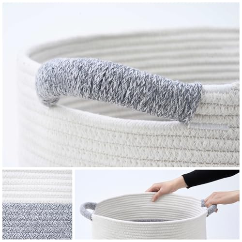 Blanket Basket - Woven Round Rope Storage Basket (16"Wx14"H) for Blankets & Throws, Small Laundry & Toy Organizer, Decorative Living Room & Bedroom Cotton Basket - White & Gray - color: White & Gray, size: Regular-16"Wx14"H