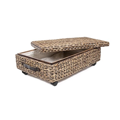 happimess BSK1006B 26.38" Chett Minimalist Hand-Woven Hyacinth/Wood Underbed Storage Bin with Wheels and Handles for Storage and Decoration in Bathroom, Bedroom,Closet,Entryway, Guest Room, Brown Wash - color: Brown Wash