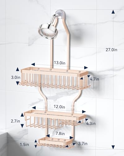 YASONIC Shower Caddy Hanging - Never Rust Shower Organizer - Aluminum over The shower head caddy with 10 Hooks for Razor/Sponge - Shower Rack with Soap Basket - Rose Gold - color: Rose Gold