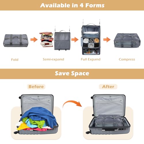 Surblue Hanging Travel Shelves Compression Packing Cube for Carry-on Luggage Suitcase Collapsible with Extension Layer Large Capacity, Grey, XXL - color: Grey, size: XXL 15.7*11.8*23.6in