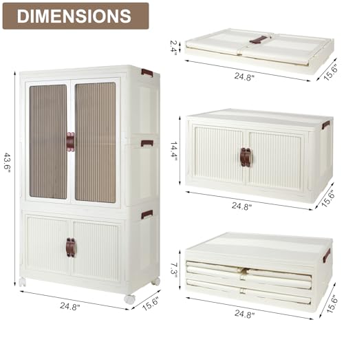 FozsKeylf Stackable Closet Storage Bins, Collapsible Clothes Organizers, Portable Wardrobe Closet with Lids and Doors, Movable Clothes Storage with Coat Hangers, White