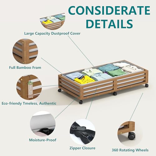 Wisuce Bamboo Under Bed Storage Containers- Underbed Organizer with Wheels with Dust Bag,Sturdy Wood Rolling Under the Bed Shoe Storage Organizer Drawers (Brwon, 2 Pack (33.07"×16.54")) - color: Brwon, size: 2 Pack (33.07"×16.54")