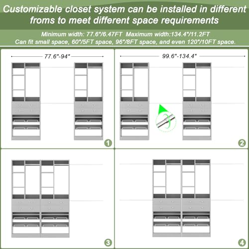 Besiost Closet System, Up to 134"/11.2 FT Closet Organizer with 4 Wooden Drawers and Shelves, Walk-in Closet System with 6 Hanging Rods, Built-in Closet Can Fit 96"/8FT, 120"/10FT, Morandi Grey - color: Morandi Grey, size: Style A: 77.6"—134"(W)