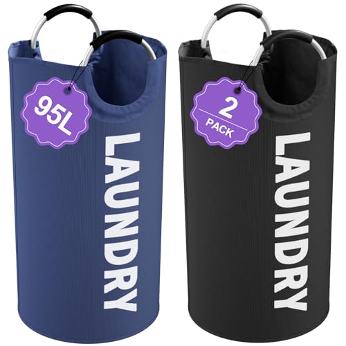 2Pcs 95L Collapsible Laundry Basket for Men, Tall Laundry Basket with Handles, Dirty Clothes Hamper in 600D Oxford Fabric, Freestanding Clothes Hampers for Bedroom, Dorm, Navy Blue + Black - color: Navy Blue + Black, size: L-95L