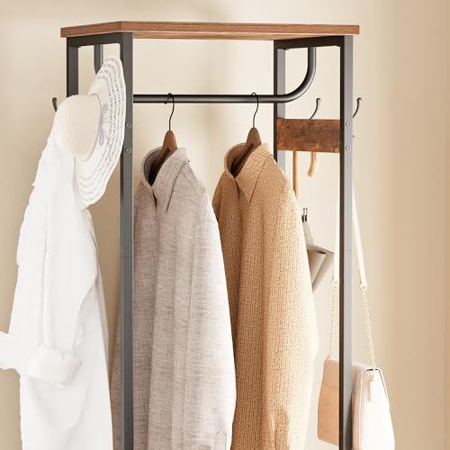 Coat Rack With Hanging Rod, Garment Rack With 3 Wooden Shelves and 4 Hooks, Freestanding Hall Tree, Industrial Clothes Rack Stand Organizer, Rustic Brown and Black - color: Rustic Brown and Black, style: with Top Shelf
