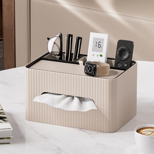 KINGFOM Leather Tissue Box Cover with Storage Tray, Decorative Tissue Box Holder Organizer for Office Desk, Bedroom & Nightstand, Remote Control Holder for Perfume, Watch, Glasses, Pens (Mocha Beige) - color: Mocha Beige