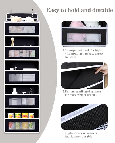 Over The Door Organizer, Reinforced Composite Fabric with Reinforced Stitching and Anti-Sag Structure, 44LB Capacity, 5 Large Pockets & 10 Mesh Pockets for Bathroom, Nursery & Laundry Room (Black) - color: Black