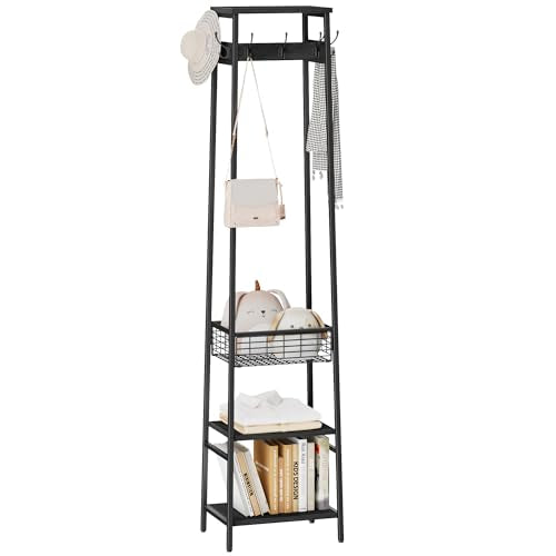 Coat Rack Freestanding, Coat Stand with Metal Basket and Storage Shelves, Hall Tree Free Standing With and 7 Hooks, Clothes Rack Stand Organizer, Black - color: Black, style: 2 Shelves + 1 Basket