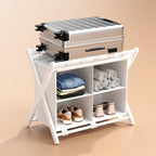 White Bamboo Luggage Rack with 4 Storage Compartments ，Foldable Suitcase Stand, Luggage Rack for Guest Room , 150lbs Capacity, Sturdy, - color: White 1 Pcs