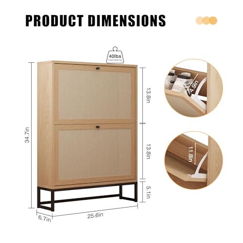 AVZEAR Narrow Shoe Storage Cabinet for Entryway with Natural Linen Panel, Freestanding Slim Shoe Cabinet with 2 Flip Drawers, Wood Shoe Organizer Closed Shoe Rack for Hallway, Living Room(Natural) - color: Natural, size: 2 Drawers Single Layer