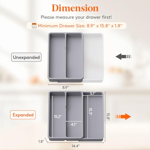 Lifewit Utensil Organizer for Kitchen Drawer, Expandable Cooking Silverware Tray, Adjustable Cutlery Flatware Holder, Plastic Spatula Tools Storage Divider, 14.4 x 15.8", Gray - color: Gray, size: 14.4*15.8*1.8 inch (3 Slots)