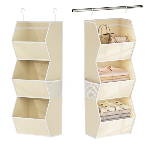 Hanging Closet Organizer 3 Shelf Collapsible Fabric Closet Organizers and Storage Hanging with Mesh Pocket for Clothes, Hanging Wardrobe Organizers and Storage for Sweater T-Shirt Shoes Toys, Beige - color: Beige-1 Pack, size: 3-shelf