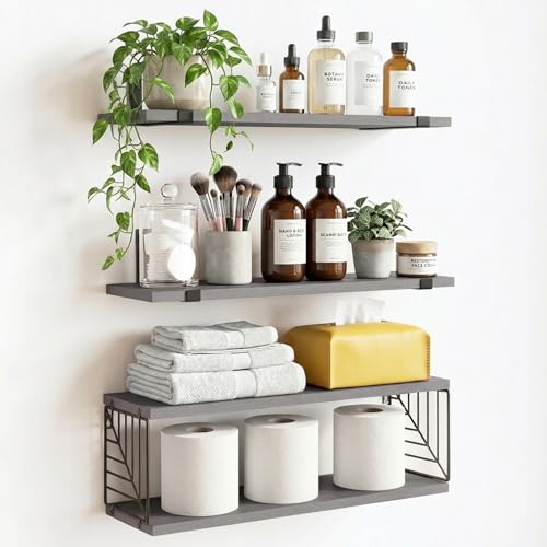 Fixwal 3+1 Tier Bathroom Floating Shelves Over Toilet, 15.8in Farmhouse Rustic Wood Shelves, Wall Decor for Bathroom, Living Room,Bedroom and Kitchen (Gray) - color: Grey