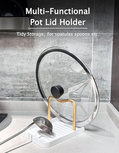 Anti-Rust Metal Spoon Rest with Lid Holder, Heat-Resistant Pot Lid Rest, Multifunctional Spatula Holder While Cooking for Stovetop and Kitchen Counter – Gold White - color: GOLDWHITE