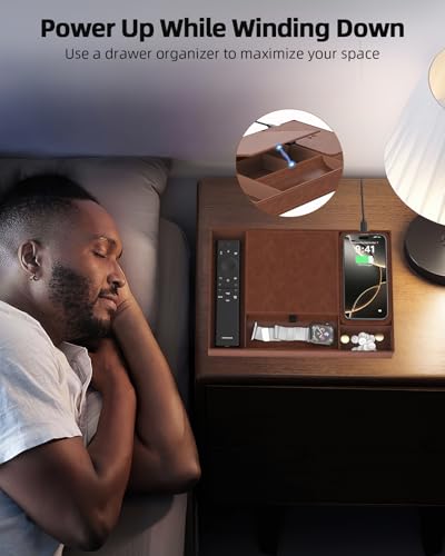 Leather Valet Tray with Wireless Charging Pad - Luxury EDC Nightstand Organizer for Men - Premium Desk Tray for Phone, Watch, Glasses & Keys - Sleek Office Desk Accessories & Gift for Him, Brown - color: Brown with Lid