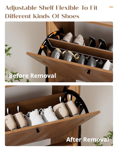 31.5" Shoe Storage Cabinet with 2 Flip Drawers, Narrow Shoe Cabinet for Entryway, Wood Shoe Rack Cabinet for Hallway, Walnut - color: Arched