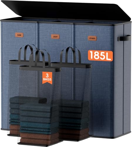 185L Laundry Hamper 3 Section, Laundry Hamper with Lid, Dirty Clothes Hamper with 3 Removable Washing Bags, Extra Large Laundry Basket Organizer for Bedroom, Laundry Room, Dorm - Navy Blue - color: Navy Bule, size: 185L - 3 Section