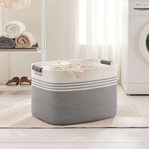 100L Extra Large Laundry Basket with Leather Handles for Living Room Storage, Woven Rope Baskets for Blanket, Kids Toy, Gifts, Wicker Hamper for Bedroom Dirty Clothes, 24"x16"x16" White Grey - color: Grey, size: 100L