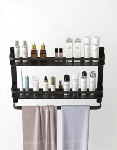 Shower Caddy，2 Pack with Towel Hanger,No-Drilling，Bathroom Shower Organizer，Rust-Proof Aluminum Alloy, Caddy for Kitchen & Home Decor，Adhesive Caddy,with Large Capacity, Black Color - color: Black-rectangle