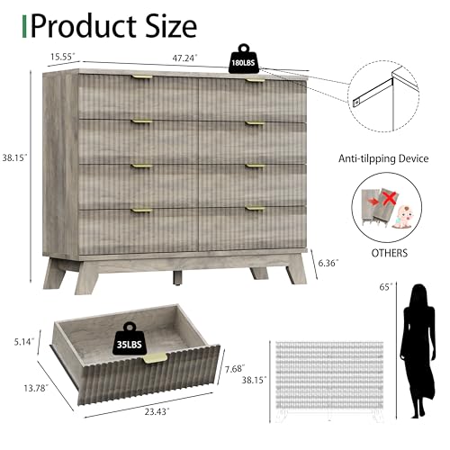 Fluted Dresser for Bedroom with 8 Drawers, 48" Wide Modern Chest of Drawers with Metal Handle, Wooden Dresser TV Stand, Wood Closet Clothes Storage Drawer Organizer for Living Room, Hallway, Grey - color: Grey, size: 15.6"D x 47.2"W x 38.2"H (8 Drawers)
