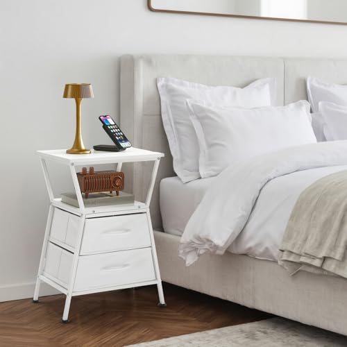 Side Tables for Bedroom Nightstand with 2 Cloth Drawer Bedside Table with Storage End Tables Living Room Sofa Couch - color: White