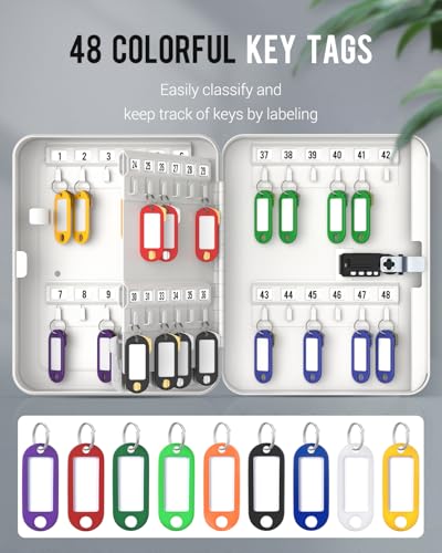 Uniclife 48 Position Key Cabinet with Combination Lock Resettable White Digital Security Storage Box Steel Key Organizer with Colorful Key Tag Labels Stickers and Hooks - color: White, size: 48 Keys