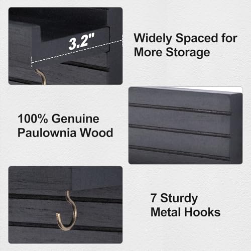 Lwenki Decorative Key Holder for Wall with Shelf, Entryway Shelf with Hooks Holds Leashes, Jackets and Glasses – Sturdy Wood Keyholder Entrance Hanger with Mounting Hardware (Black, Large) - color: Black, size: Large